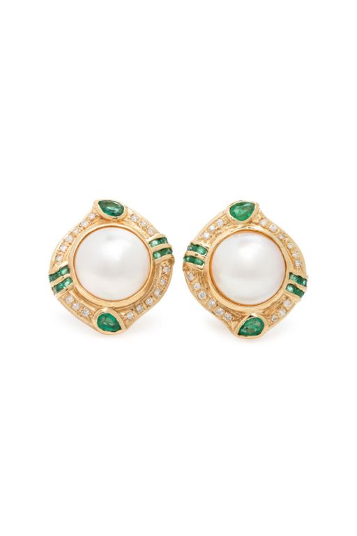 14k Gold Pearl, Emerald and Diamond Earrings