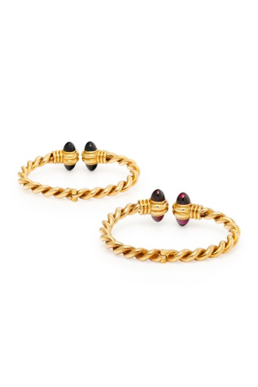 Two 18k Yellow Gold Gemstone Cuff Bracelets