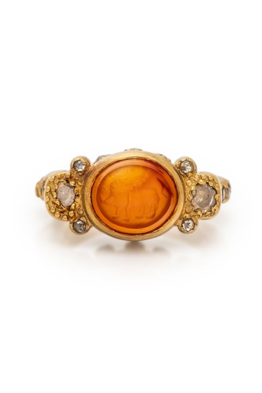 20k Gold Carnelian Intaglio and Diamond Ring