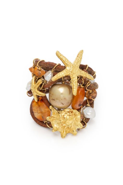 Leather and 18k Yellow Gold Multi-Gem Aquatic Ring