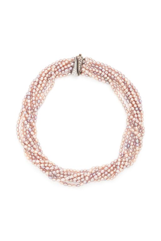 14k Yellow Gold Pearl and Diamond Torsade Necklace