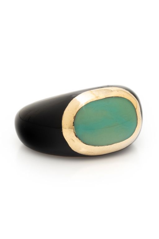 Yellow Gold and Silver Onyx and Green Glass Ring