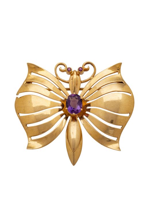 14k Gold Amethyst and Ruby Brooch