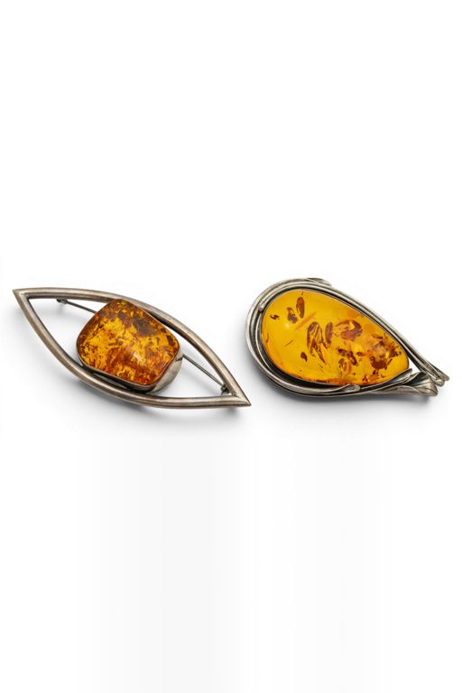 Two Silver Amber Brooches