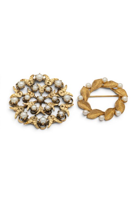 Two 14k Gold Pearl Brooches