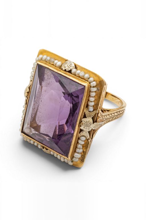 14k Gold Amethyst and Pearl Ring