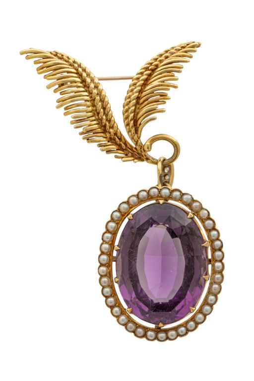 14k Gold Amethyst and Pearl Brooch
