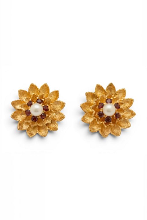 Pair of 14k Gold Pearl and Ruby Earrings