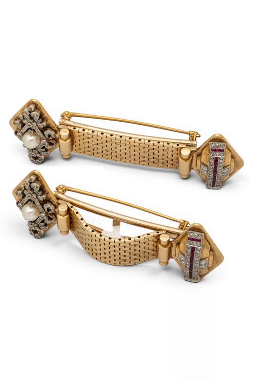 18k Gold Ruby Diamond and Pearl Brooch
