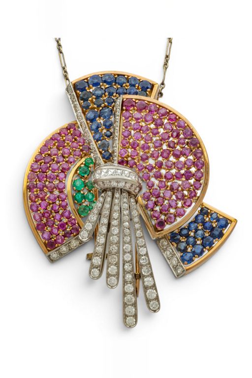 Gold Multi-Gem Brooch Necklace
