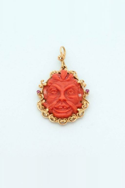 18k Gold Coral and Ruby Pendant