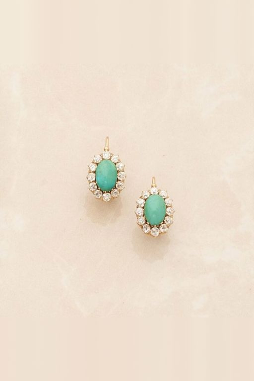 Pair of 14k Gold Turquoise and Diamond Earrings