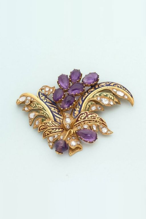 18k Gold Amethyst and Diamond Brooch
