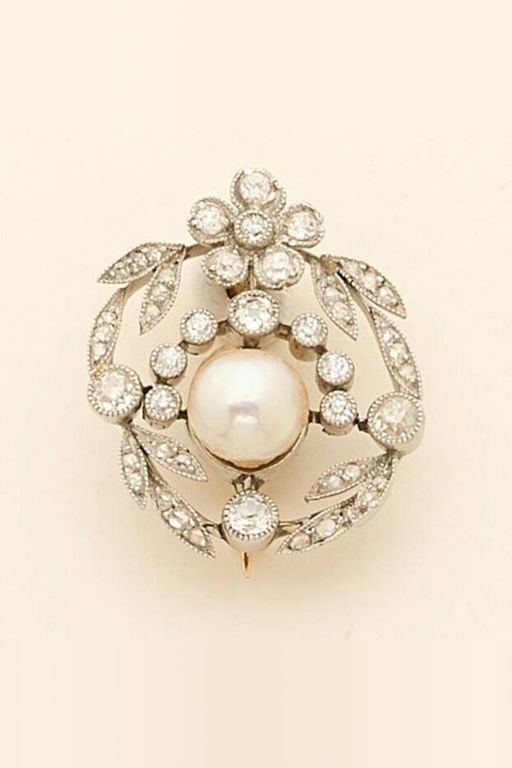 Platinum Gold Pearl and Diamond Brooch