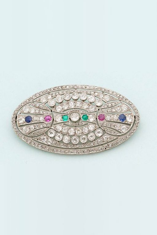 18k Gold and Platinum Multi-Gem Brooch
