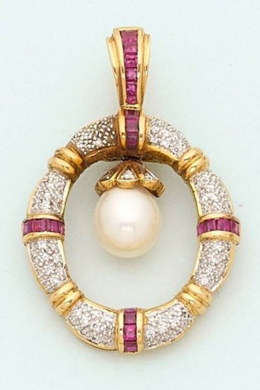 18k Gold Ruby Diamond and Pearl Pendant