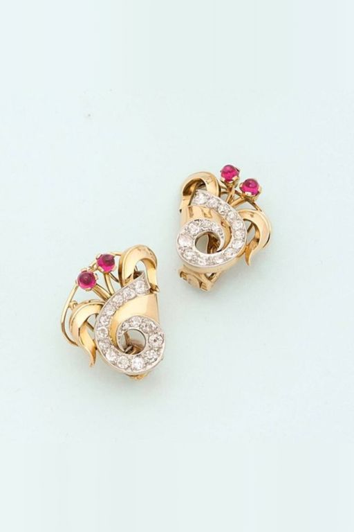 Pair of 18k Gold Diamond Ruby Earrings