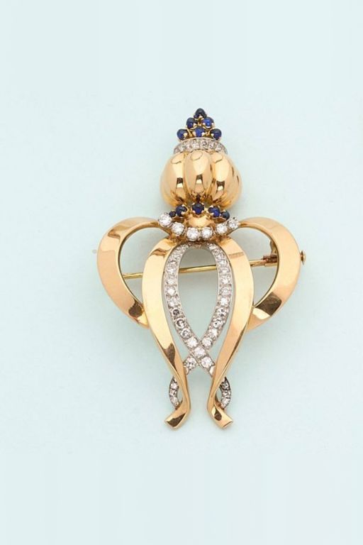18k Gold Diamond and Sapphire Brooch