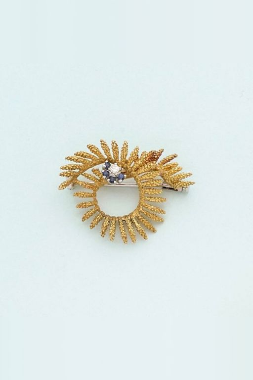 18k Gold Diamond and Sapphire Brooch