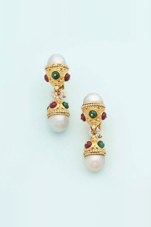 Pair of 18k Gold Multi-Gem Earrings