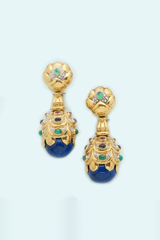 Pair of 18k Gold Multi-Gem Earrings