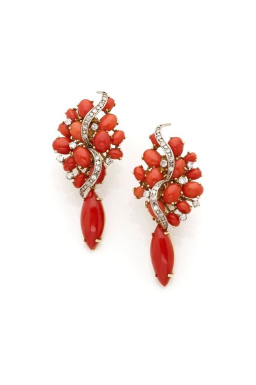 Pair of 18k Gold Coral and Diamond Earrings