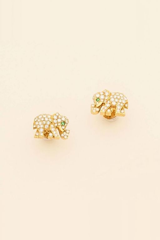 Pair of 18k Gold Diamond and Emerald Earrings