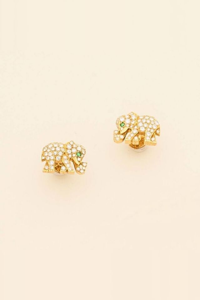 Pair of 18k Gold Diamond and Emerald Earrings