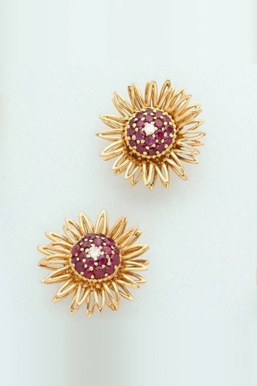 Pair of 18k Gold Ruby and Diamond Earrings