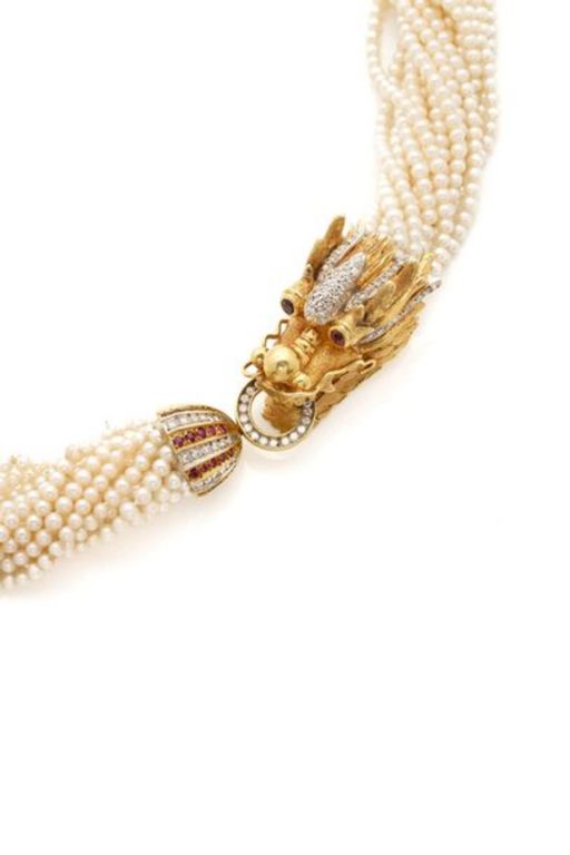 18k Gold Pearl Ruby and Diamond Necklace