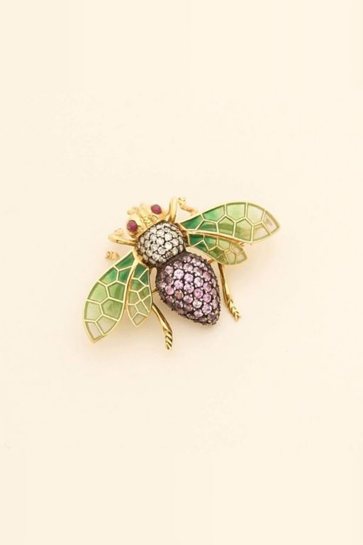 18k Gold Diamond Sapphire and Ruby Brooch