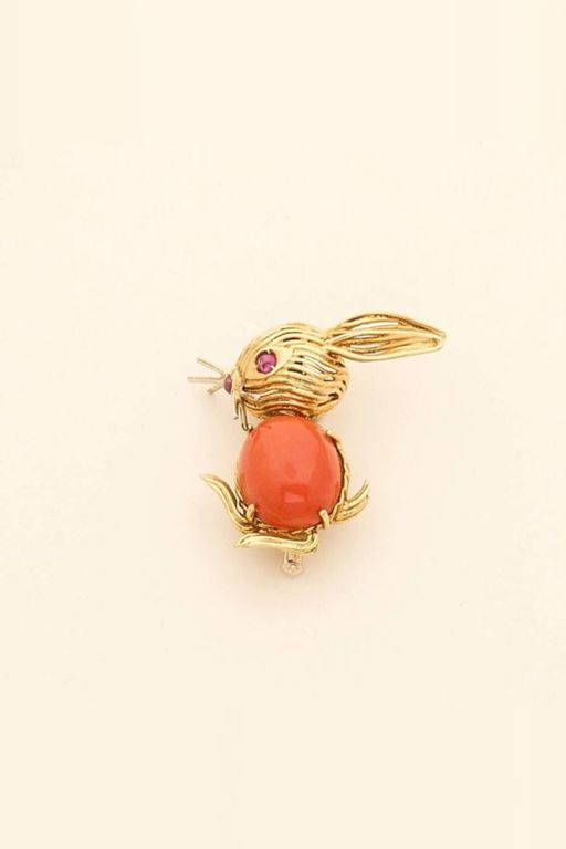 18k Gold Coral and Ruby Brooch