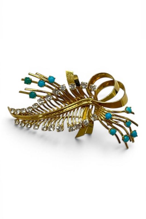18k Gold Turquoise and Stone Brooch