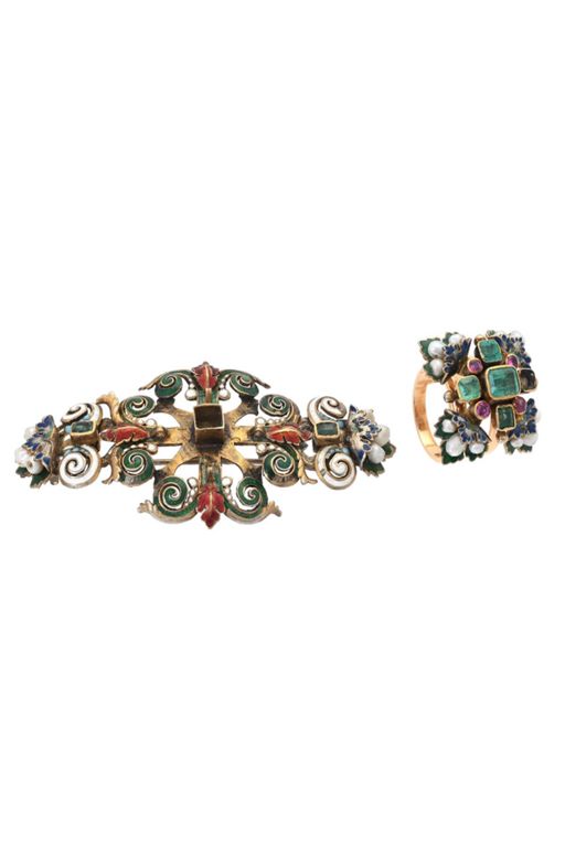 Gilt Silver Pearl Emerald and Ruby Brooch