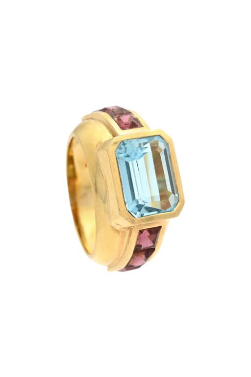 18k Gold Aquamarine and Tourmaline Ring