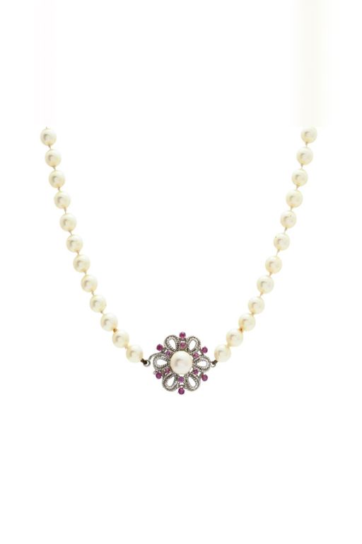 18k Gold Pearl and Ruby Necklace