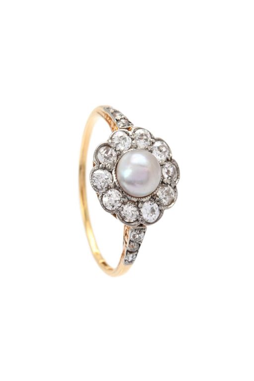 18k Gold Pearl and Diamond Cluster Ring