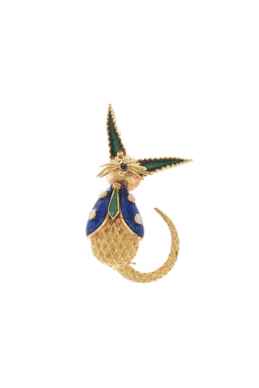 18k Gold Enamel Cat Brooch