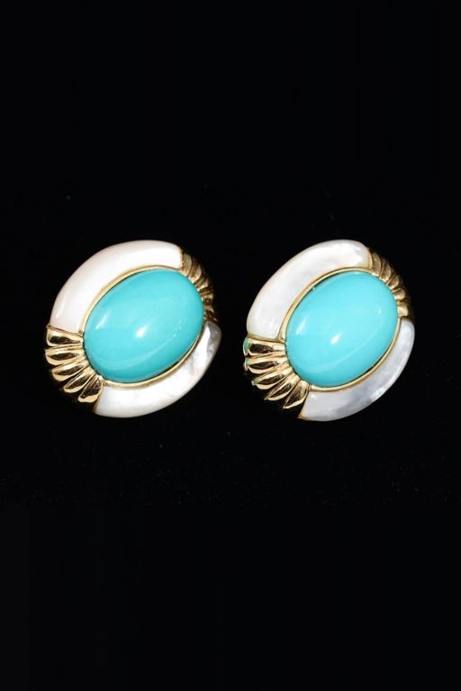 Pair of 18k Gold Turquoise Earrings