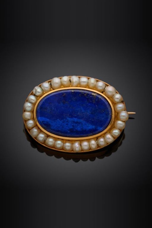18k Gold Lapis Lazuli and Pearl Brooch