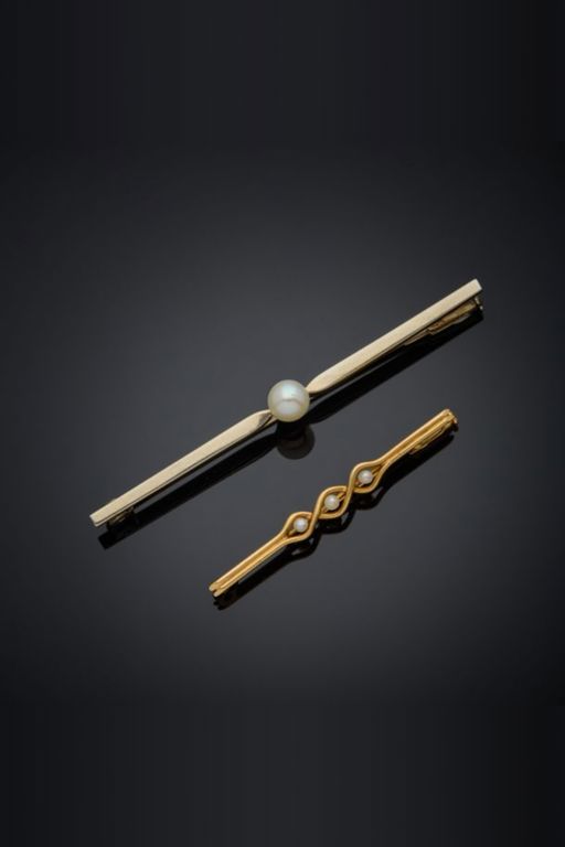 Two Gold Pearl Bar Brooches