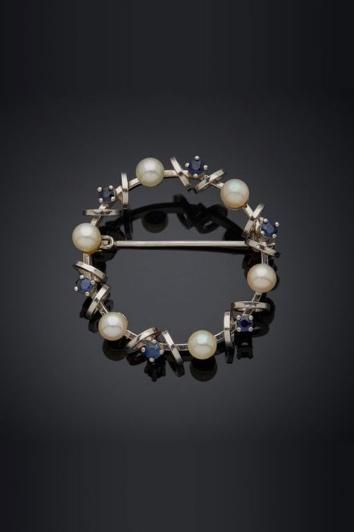 14k Gold Pearl and Sapphire Brooch
