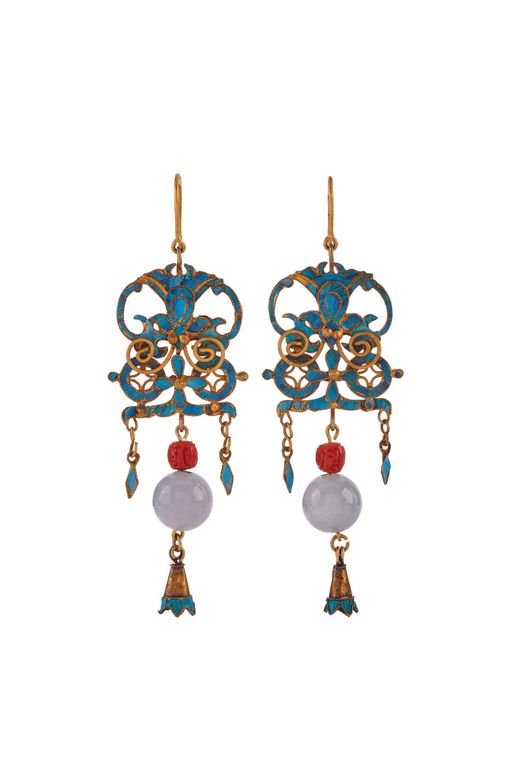 Metal and 14k Yellow Gold Jade and Coral Earrings