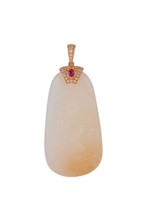 14k Gold Jade, Ruby and Diamond Buddha Pendant