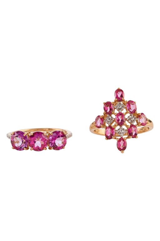 Two 14k Yellow Gold Pink Stone and Diamond Rings
