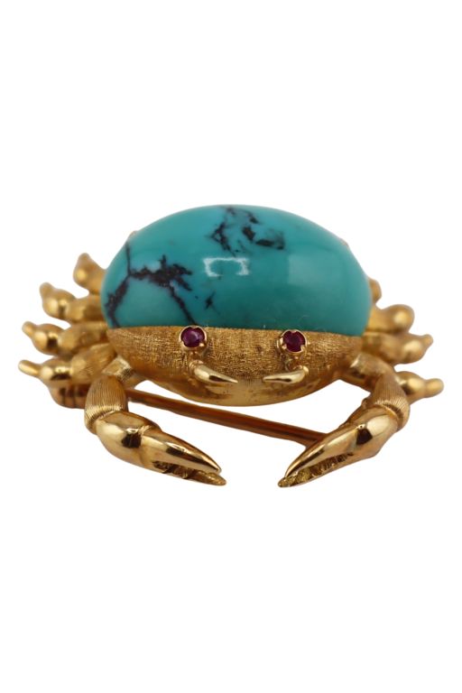 18k Gold Turquoise and Ruby Brooch