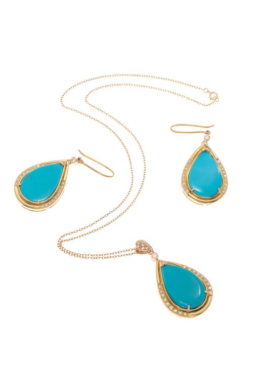 18k Gold Turquoise and Diamond Jewelry Set