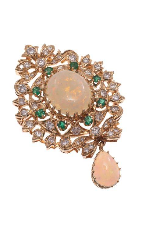 14k Gold Opal Diamond and Emerald Pendant Brooch