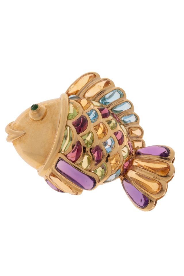 18k Gold Multi-Gem Fish Brooch