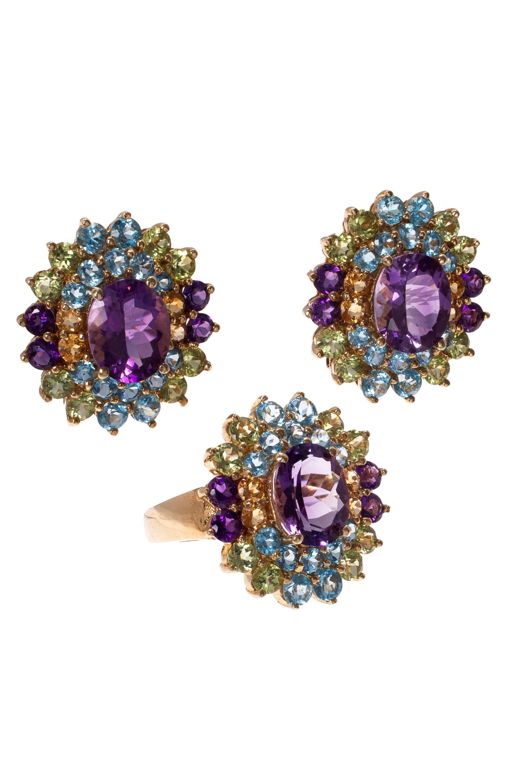 14k Gold Multi-Gem Ring and Earrings